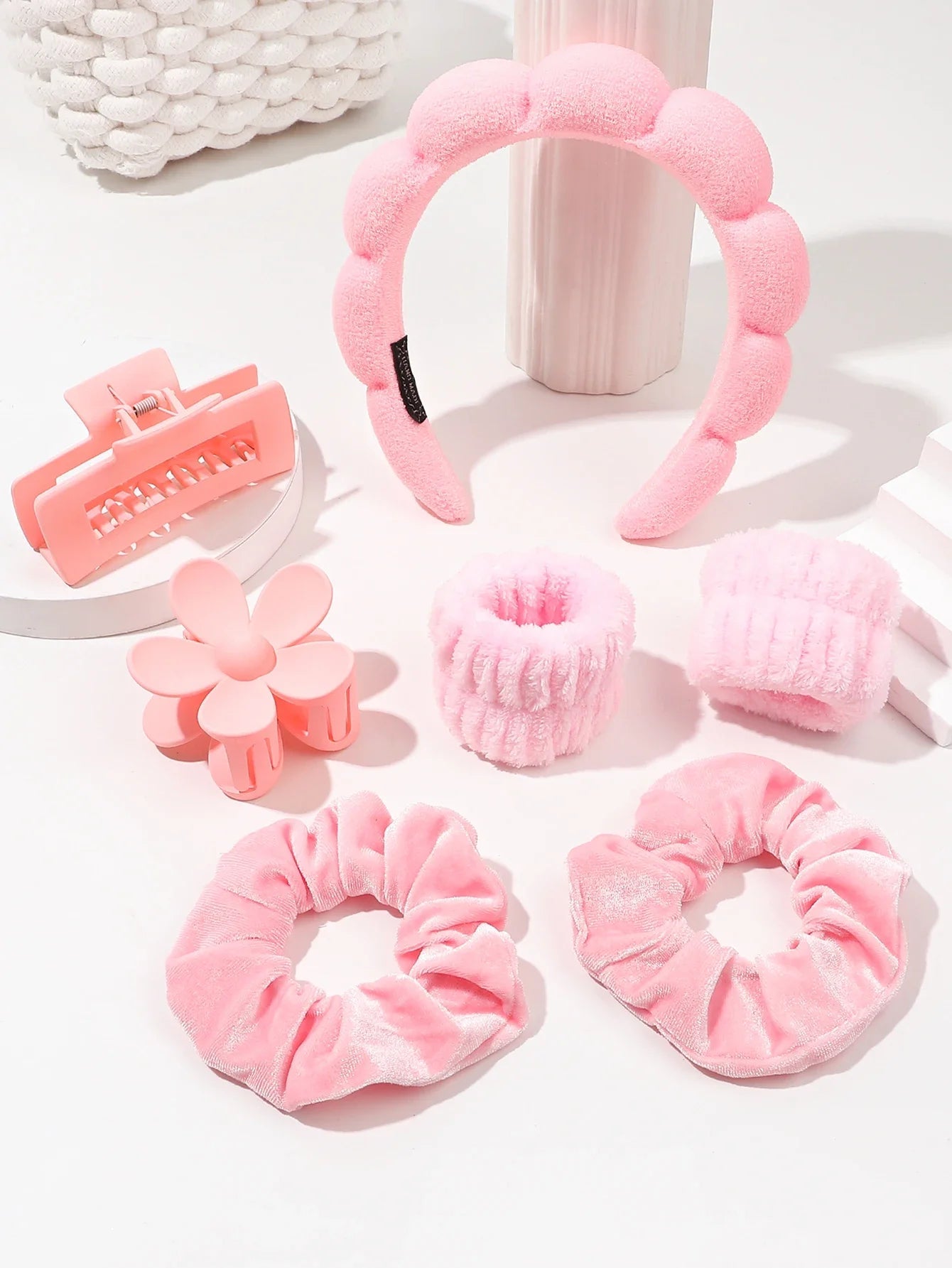 7Pcs Fashion Microfiber Washing Wristbands Scrunchies Puffy Headband Spa Bubble Headband for Washing Face Makeup Shower Skincare 