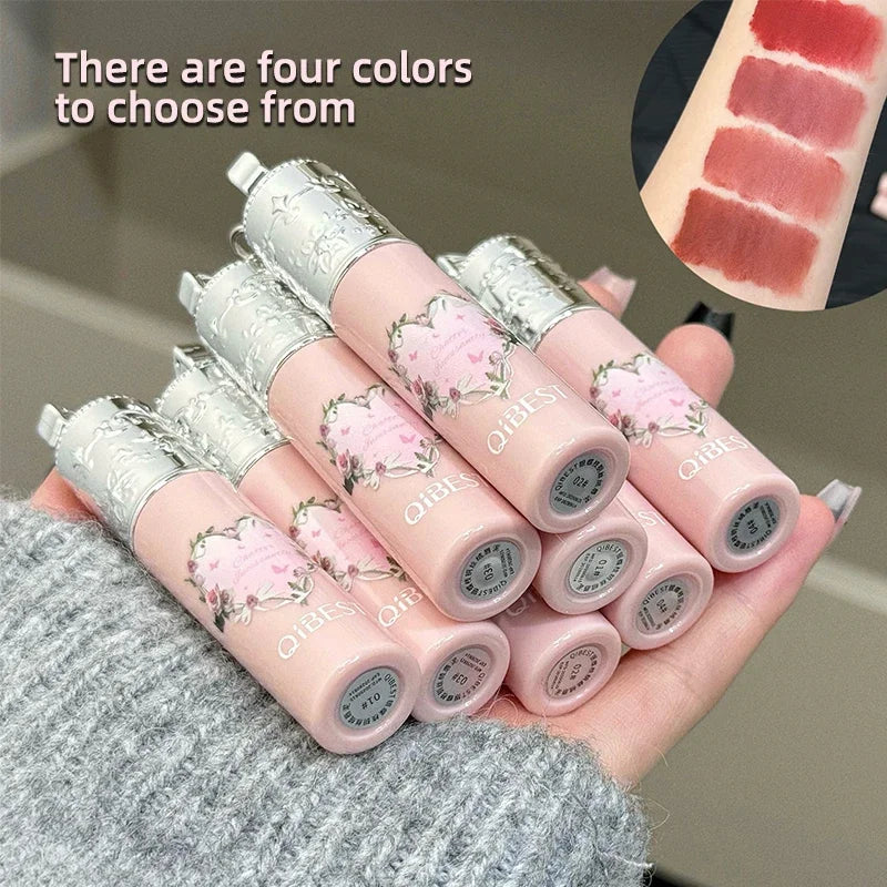 QIBEST 4 Colors Soft Mist Mousse Lip Glaze Velvet Matte Lipstick Holding Makeup Not Easy to Sticky Cosmetics Lipstick Lip Mud