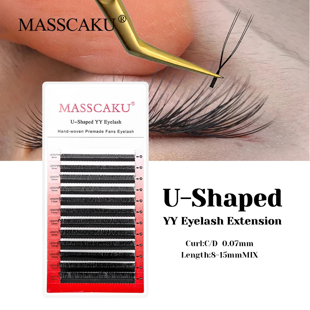 MASSCAKU U Shape YY Eyelashes 0.07mm Thickness Premade Fans Volume Lashes Extension Wispy Mink Self Fanning Eyelash for Makeup