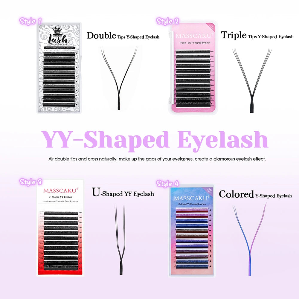 MASSCAKU U Shape YY Eyelashes 0.07mm Thickness Premade Fans Volume Lashes Extension Wispy Mink Self Fanning Eyelash for Makeup