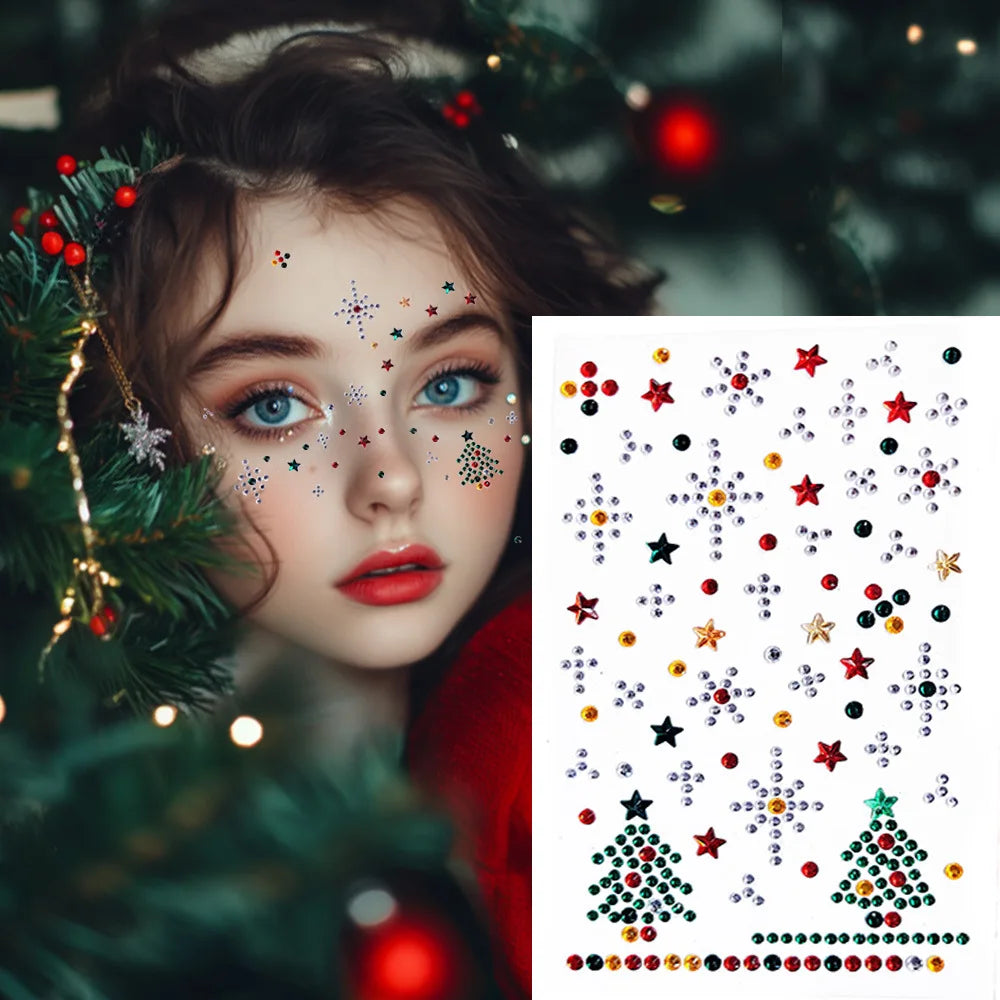 1Pcs Facial Stickers, Christmas Makeup Stickers, Snowflake Rhinestone Stickers, Diamond Decorations on the Face Performance