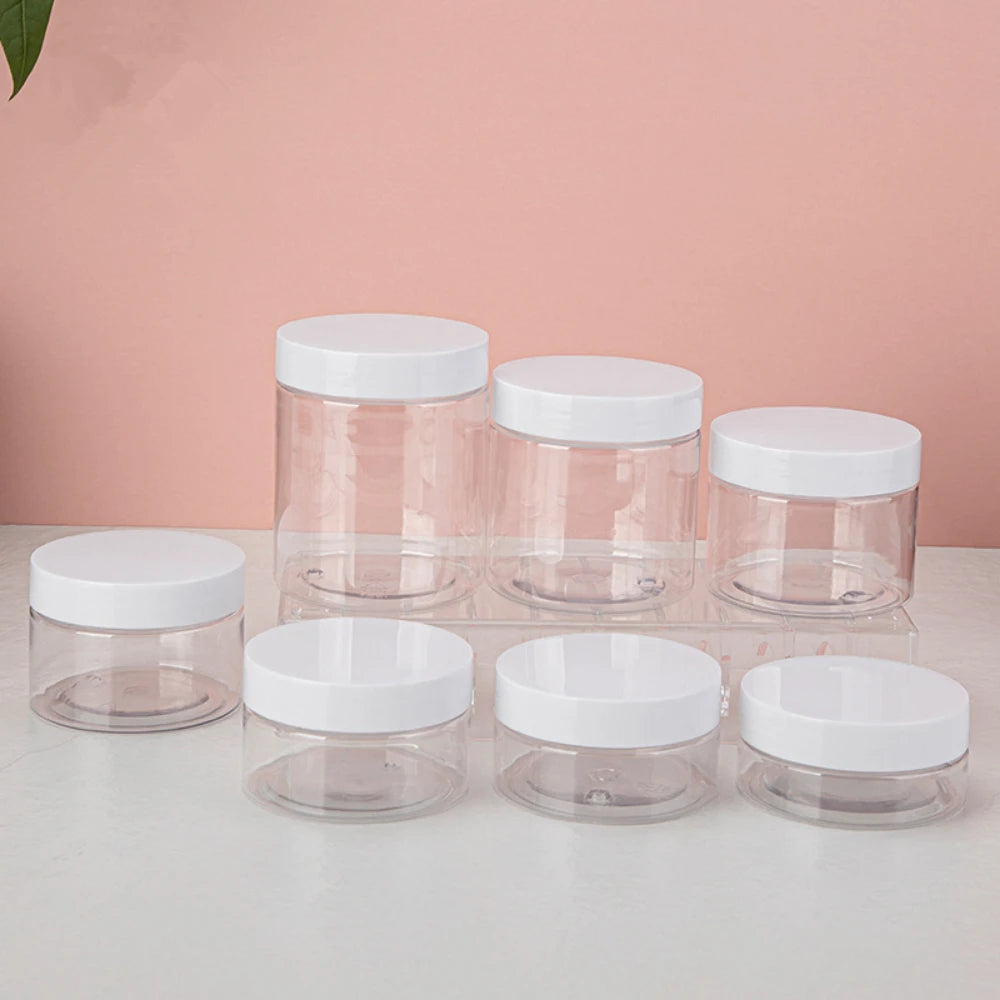 20pcs/lot CLear Empty Container Jars with white Screw Lids for Lip Balms, Makeup Samples 250ml 200ml 150ml 100ml 50ml