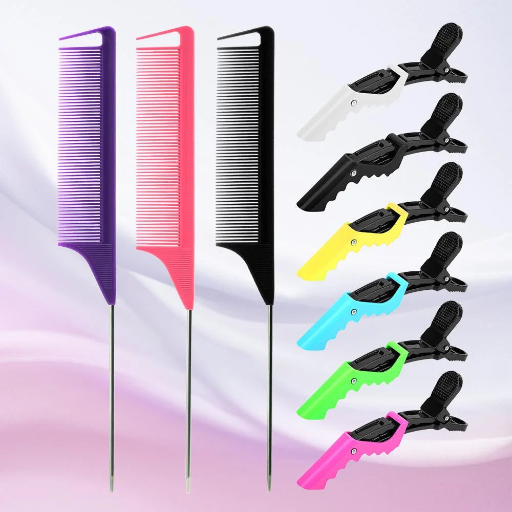 9PCS Alligator Clips and Steel Pins Pointed Tail Picking Comb Heat-resistant Anti-static Supplies Professional Hairdressing dylinoshop