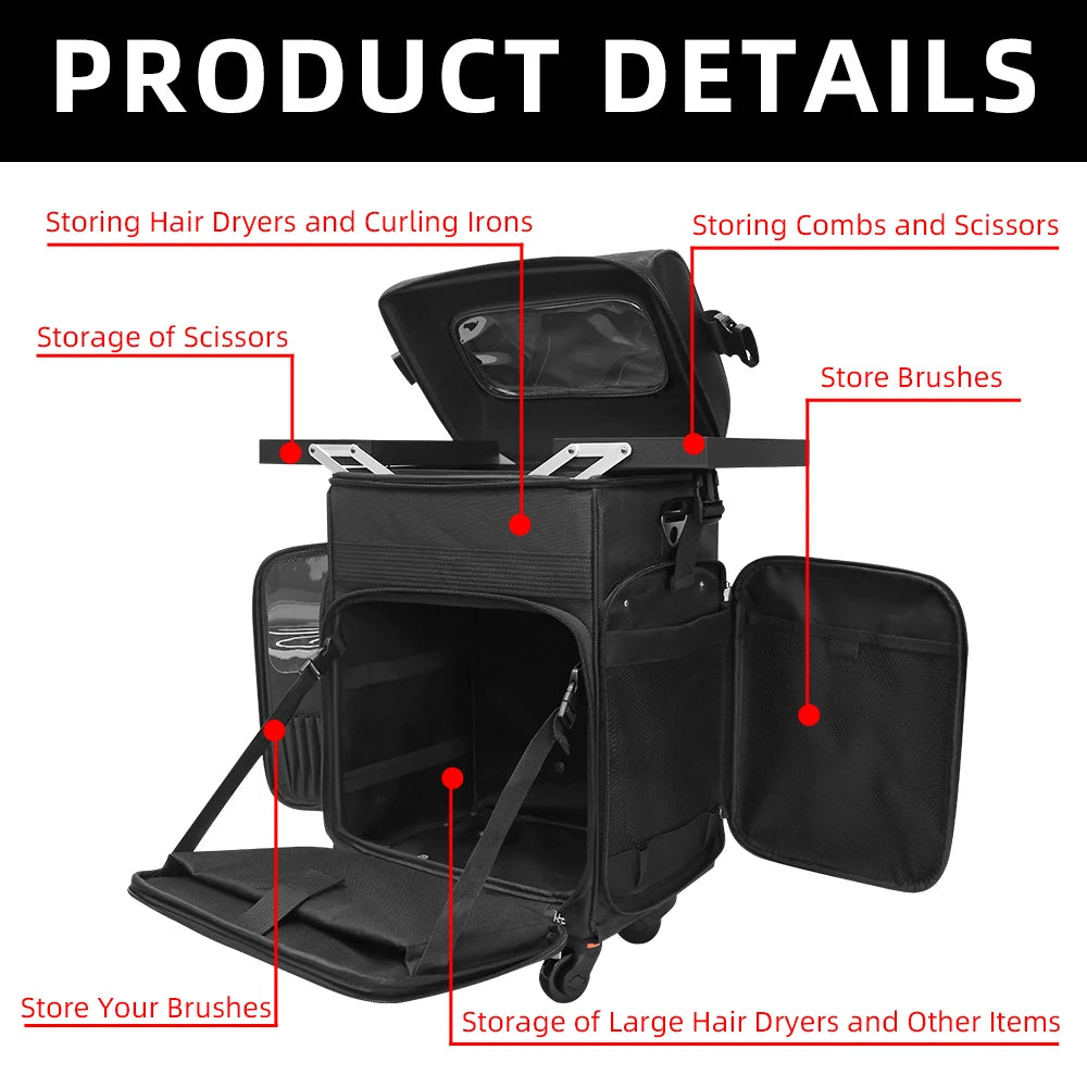 Pro Beauty Organizer Trolley Case- Makeup/Hairdresser/Barber Multifunctional Toolbox with Wheels Canvas Storage Case Pull Handle