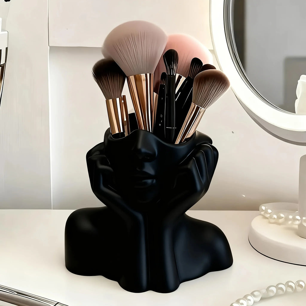 Cute Face-Shaped Makeup Brush Holder - Minimalist White & Relaxing Pose, Artistic Desktop Organizer, No Assembly