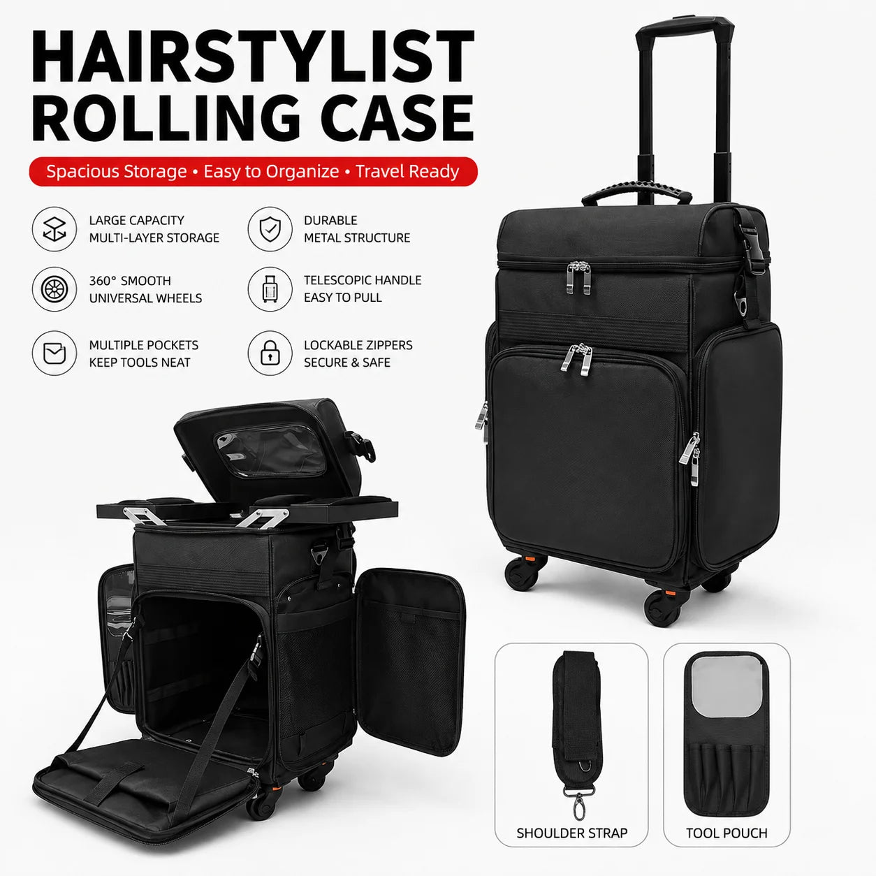 Pro Beauty Organizer Trolley Case- Makeup/Hairdresser/Barber Multifunctional Toolbox with Wheels Canvas Storage Case Pull Handle