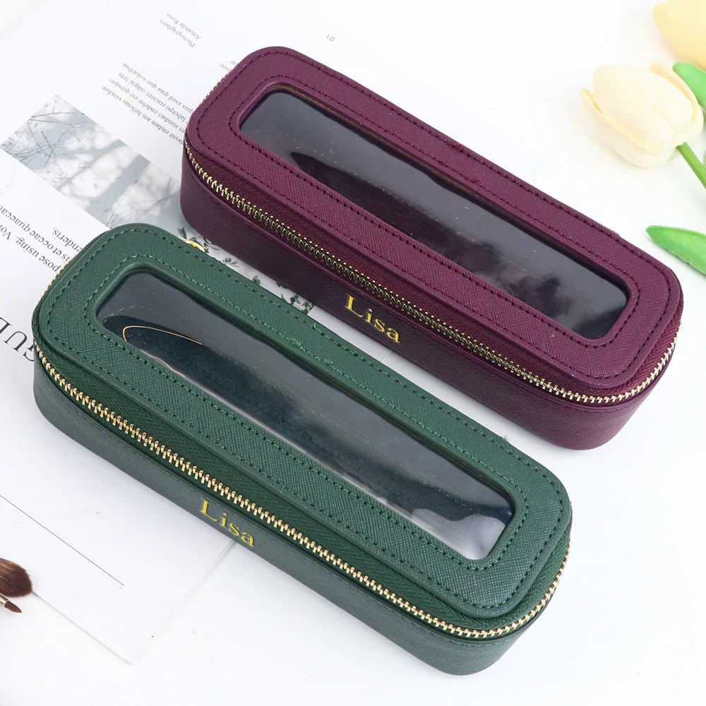 Customized Name PU Leather Transparent Makeup Brush Makeup Bag Portable Storage Bag Daily Necessities Storage Accessory