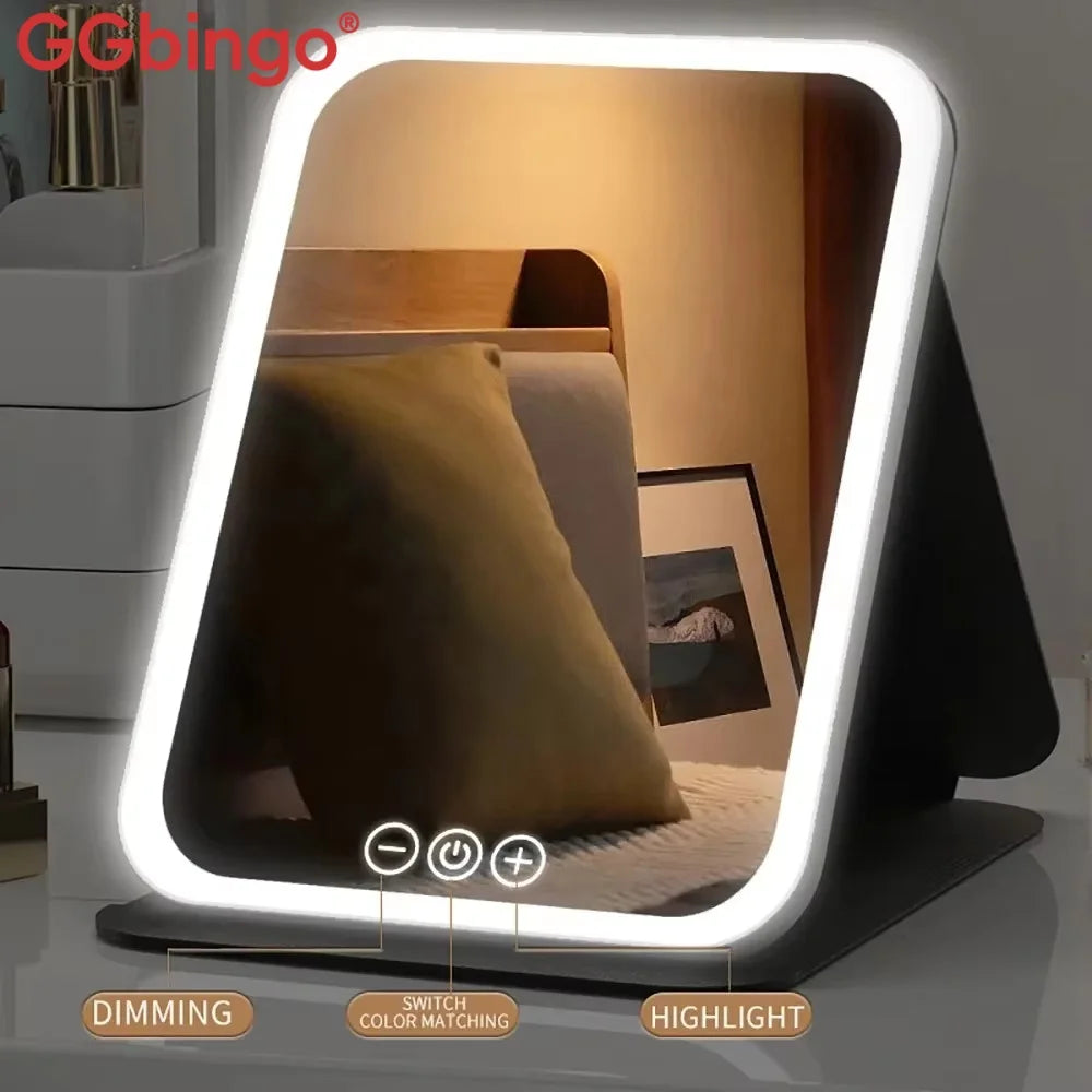 GGbingo USB Rechargeable Vanity Mirror with Touch 3 Color LED Lights Dimming Portable Folding Makeup Mirror for Home Travel