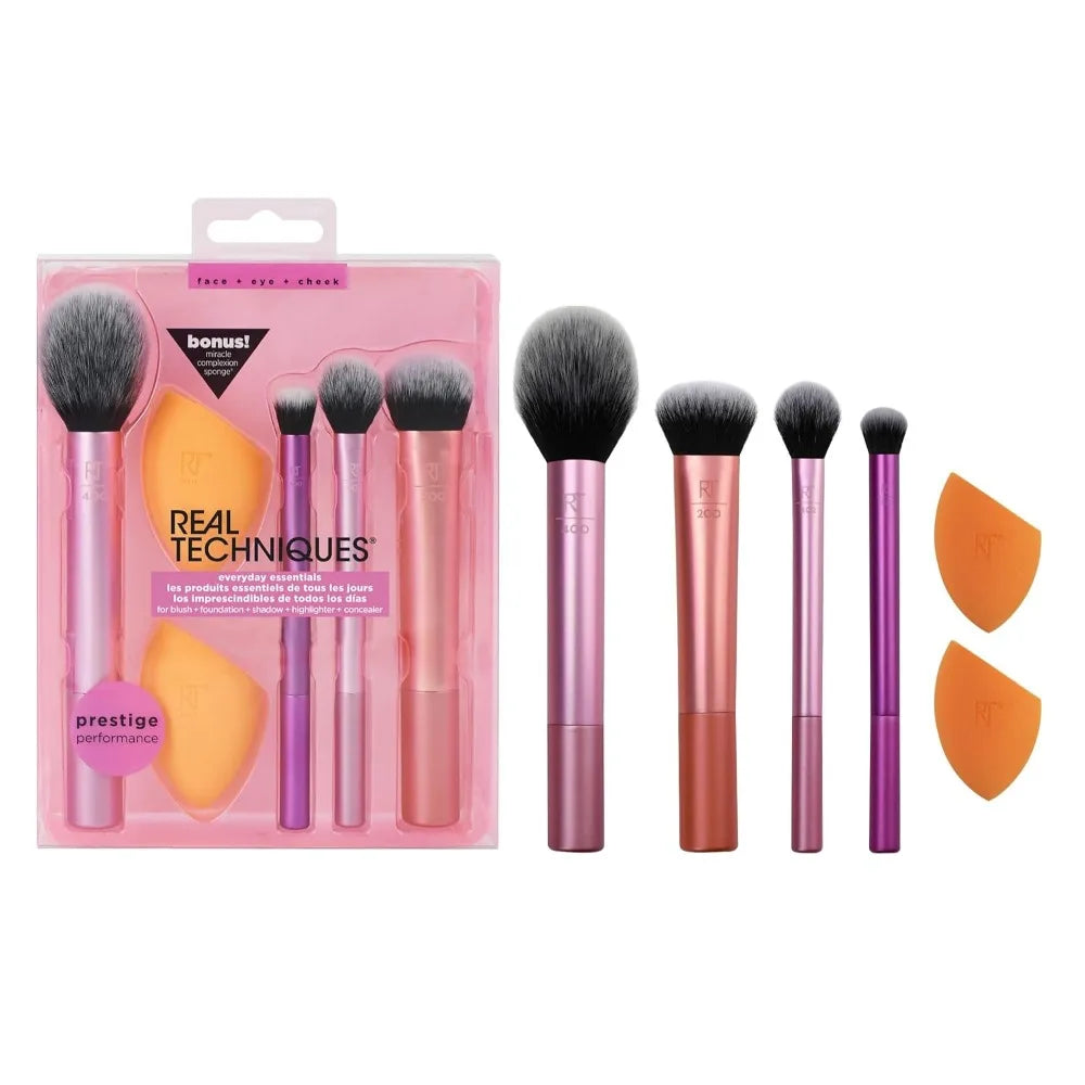 2025 Real Techniques 6 Piece Everyday Essentials Makeup Brush Set Sponges Blush Bronzer Contour Eyeshadow Powder Travel Gift Set