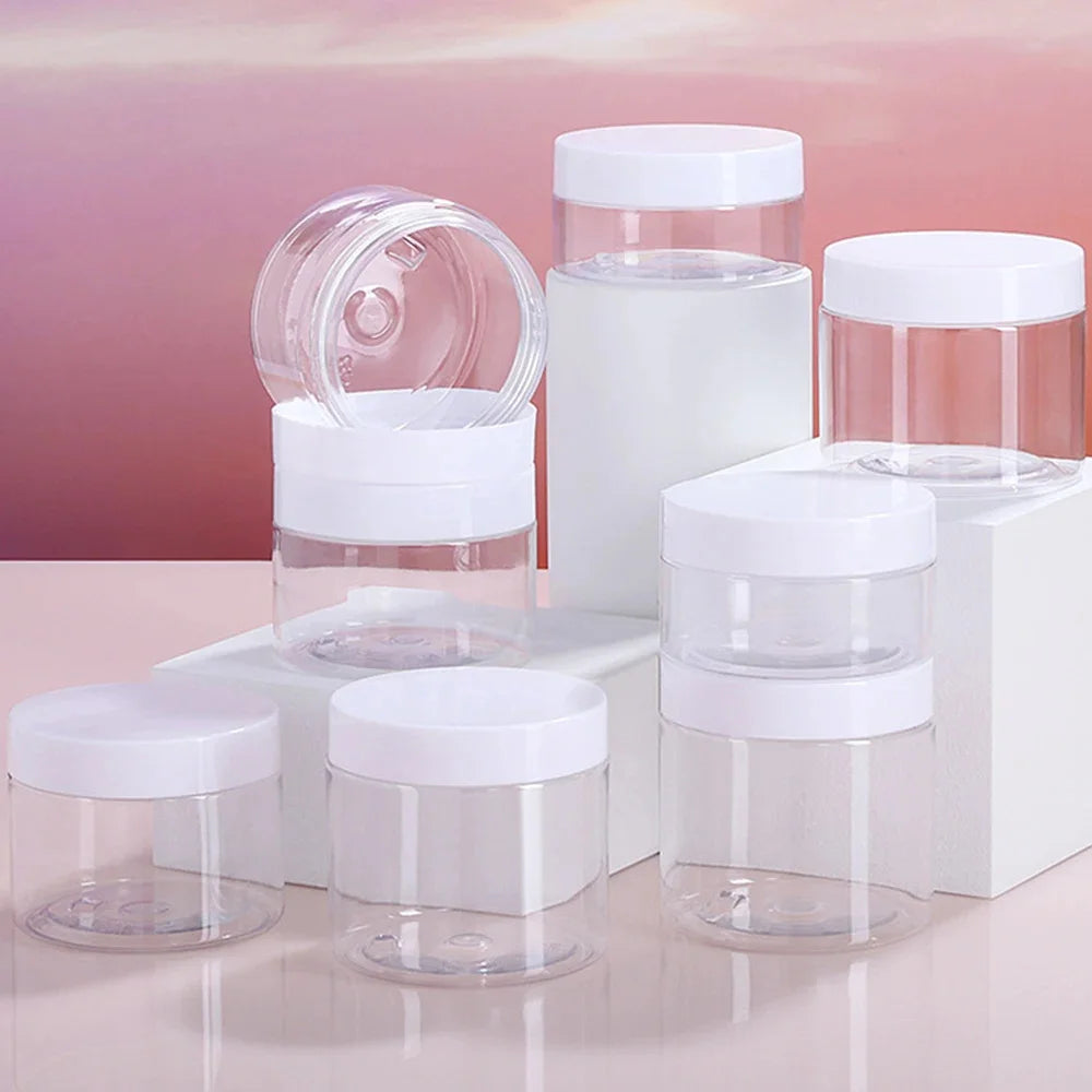 20pcs/lot CLear Empty Container Jars with white Screw Lids for Lip Balms, Makeup Samples 250ml 200ml 150ml 100ml 50ml