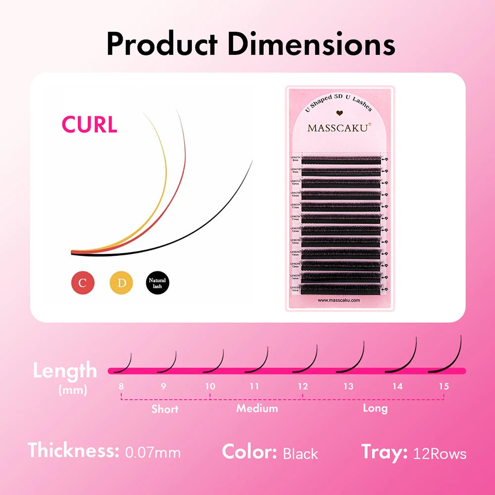 MASSCAKU 8D-10D U-Shaped Eyelashes C D Curl 8-15MM MIX Matte Black Premium Soft Silk Parallel Eyelashes For Makeup Tools