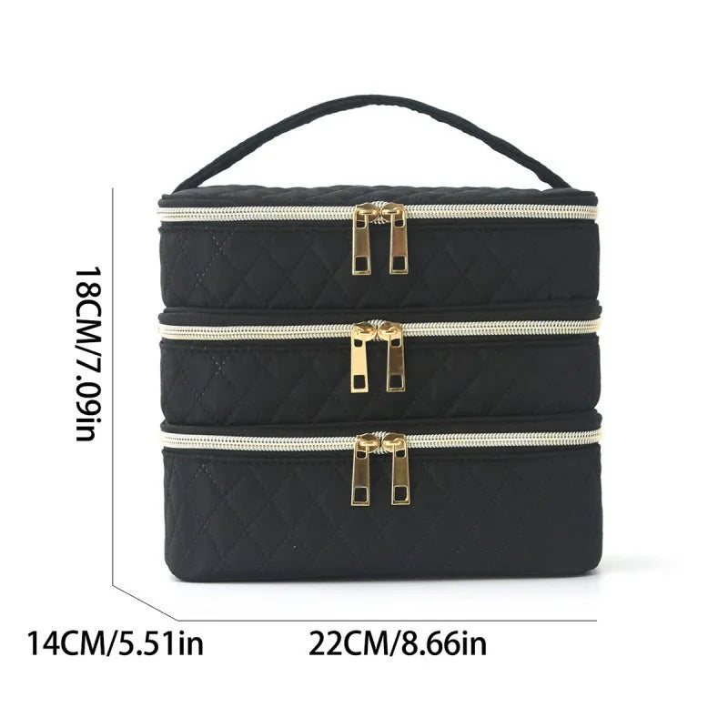 High end, simple and versatile three-layer makeup bag, large capacity diamond grid toiletry bag, portable travel makeup storage