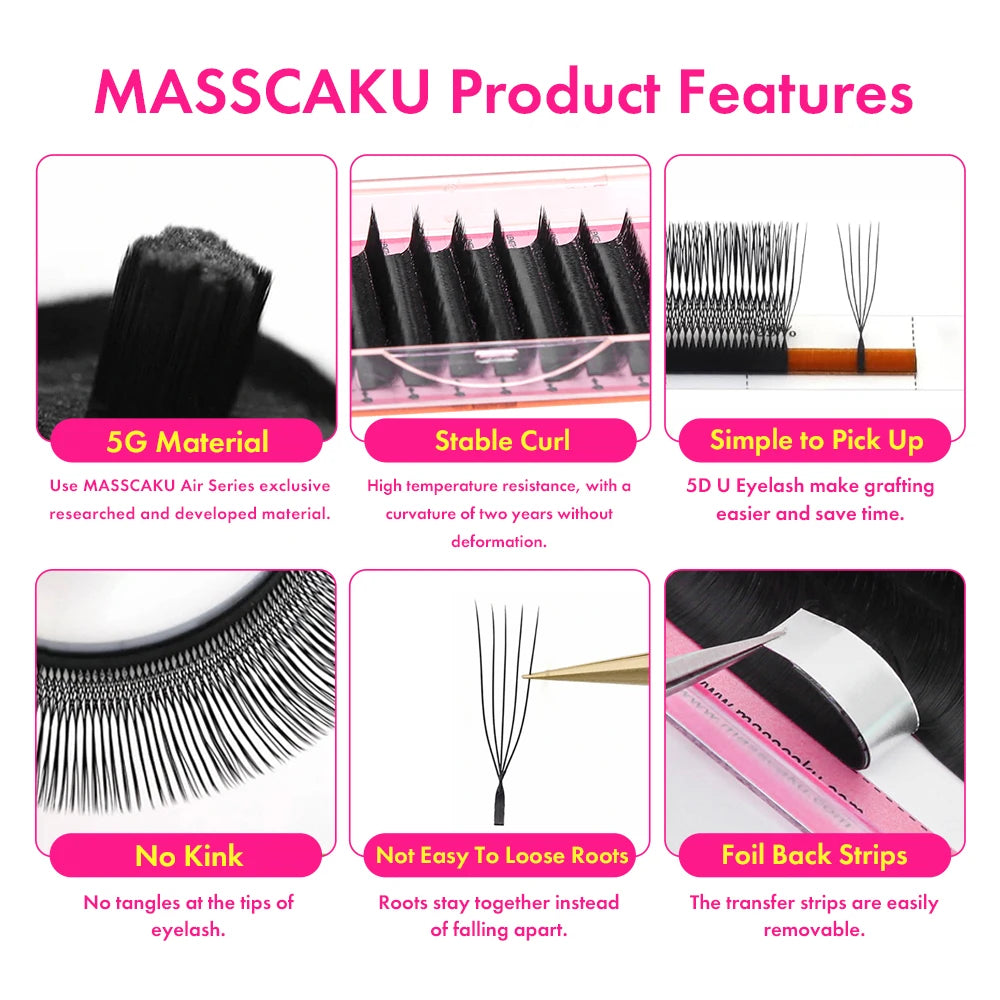 MASSCAKU 8D-10D U-Shaped Eyelashes C D Curl 8-15MM MIX Matte Black Premium Soft Silk Parallel Eyelashes For Makeup Tools