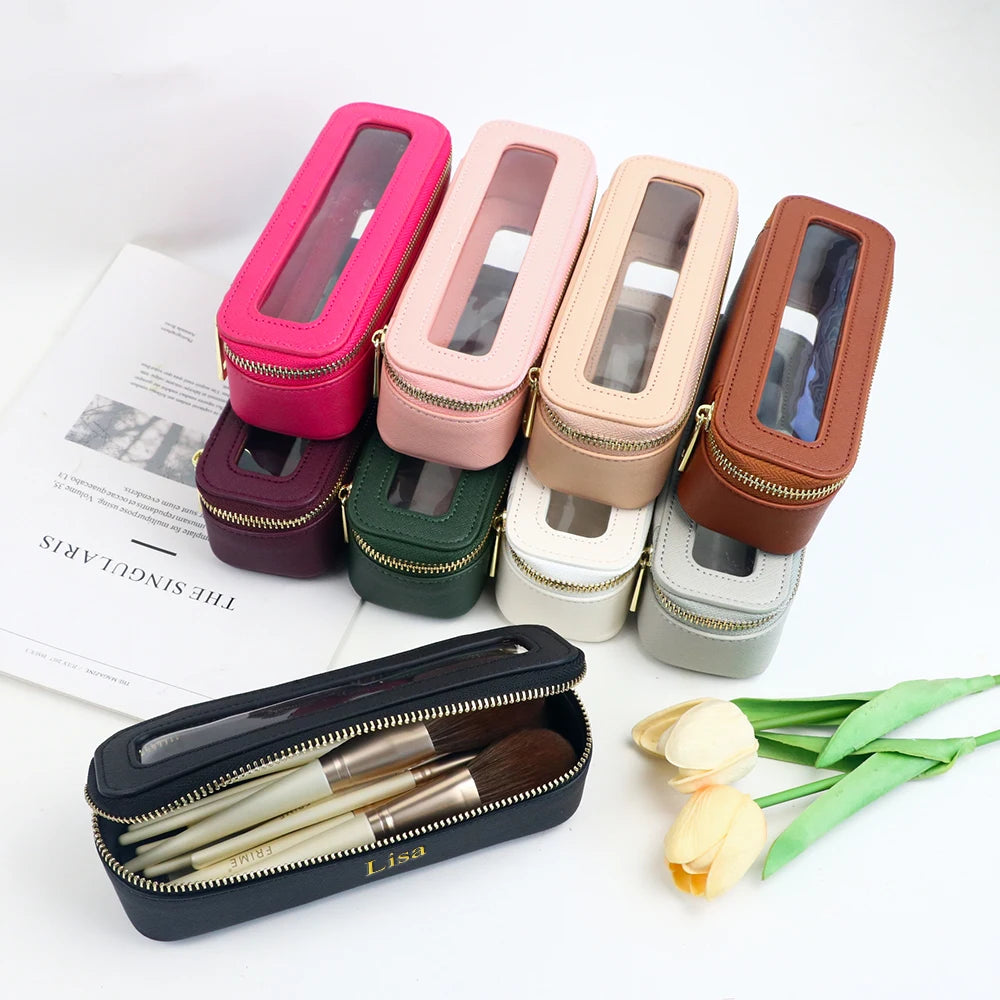 Customized Name PU Leather Transparent Makeup Brush Makeup Bag Portable Storage Bag Daily Necessities Storage Accessory