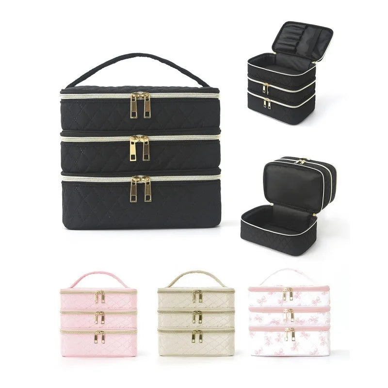 High end, simple and versatile three-layer makeup bag, large capacity diamond grid toiletry bag, portable travel makeup storage