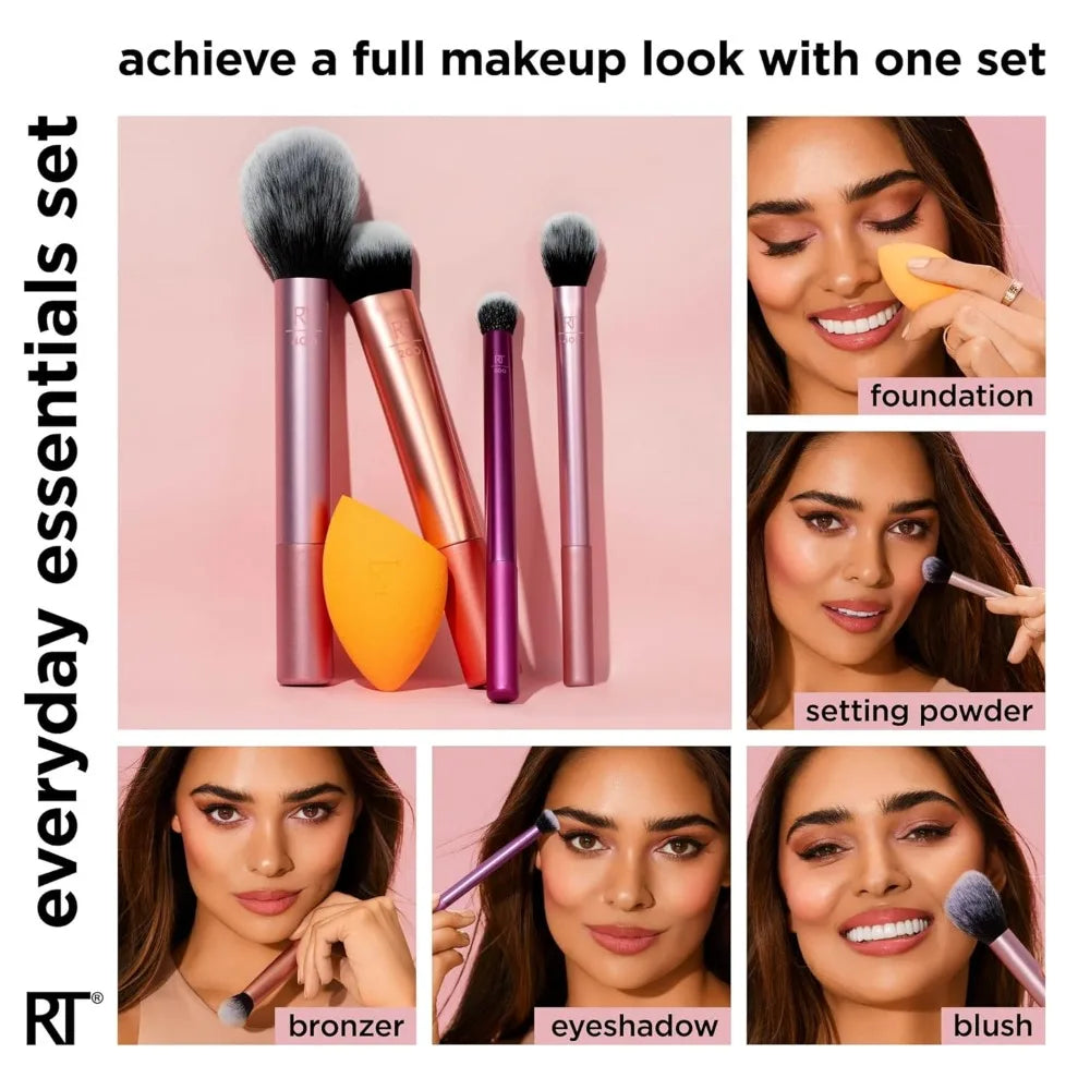 2025 Real Techniques 6 Piece Everyday Essentials Makeup Brush Set Sponges Blush Bronzer Contour Eyeshadow Powder Travel Gift Set