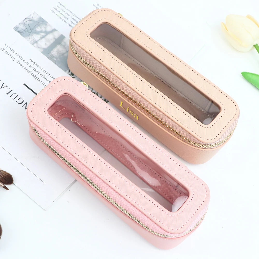 Customized Name PU Leather Transparent Makeup Brush Makeup Bag Portable Storage Bag Daily Necessities Storage Accessory