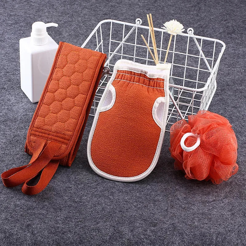 3-piece shower exfoliating set, shower ball, shower gloves, exfoliating shower towel, shower back cleaner