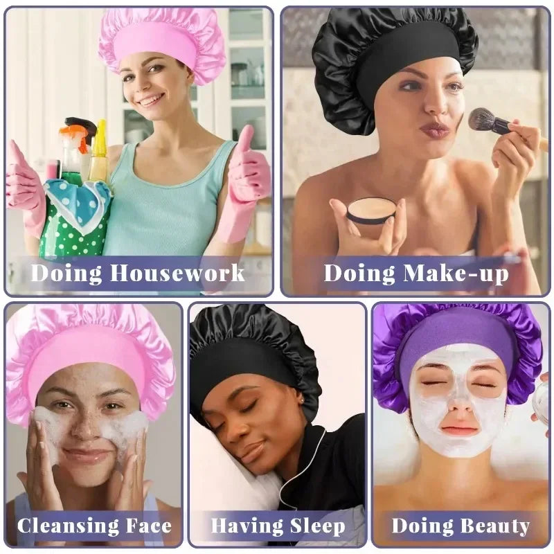 1pcs Soft Silk Satin Lined Bonnet Large Satin Hair Bonnet Household Sleep Shower Cap Hair Wrap Cover for Long Hair Salon Tool dylinoshop
