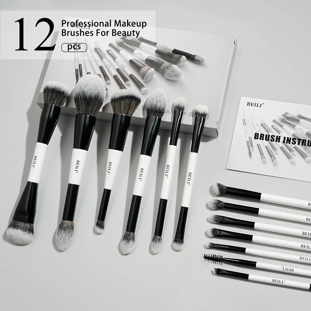 BEILI Dual-ended Makeup Brush Set Professional 12 Pcs Vegan Contour Foundation Powder Eyebrow Bronzer Brushes Cosmetics Kit