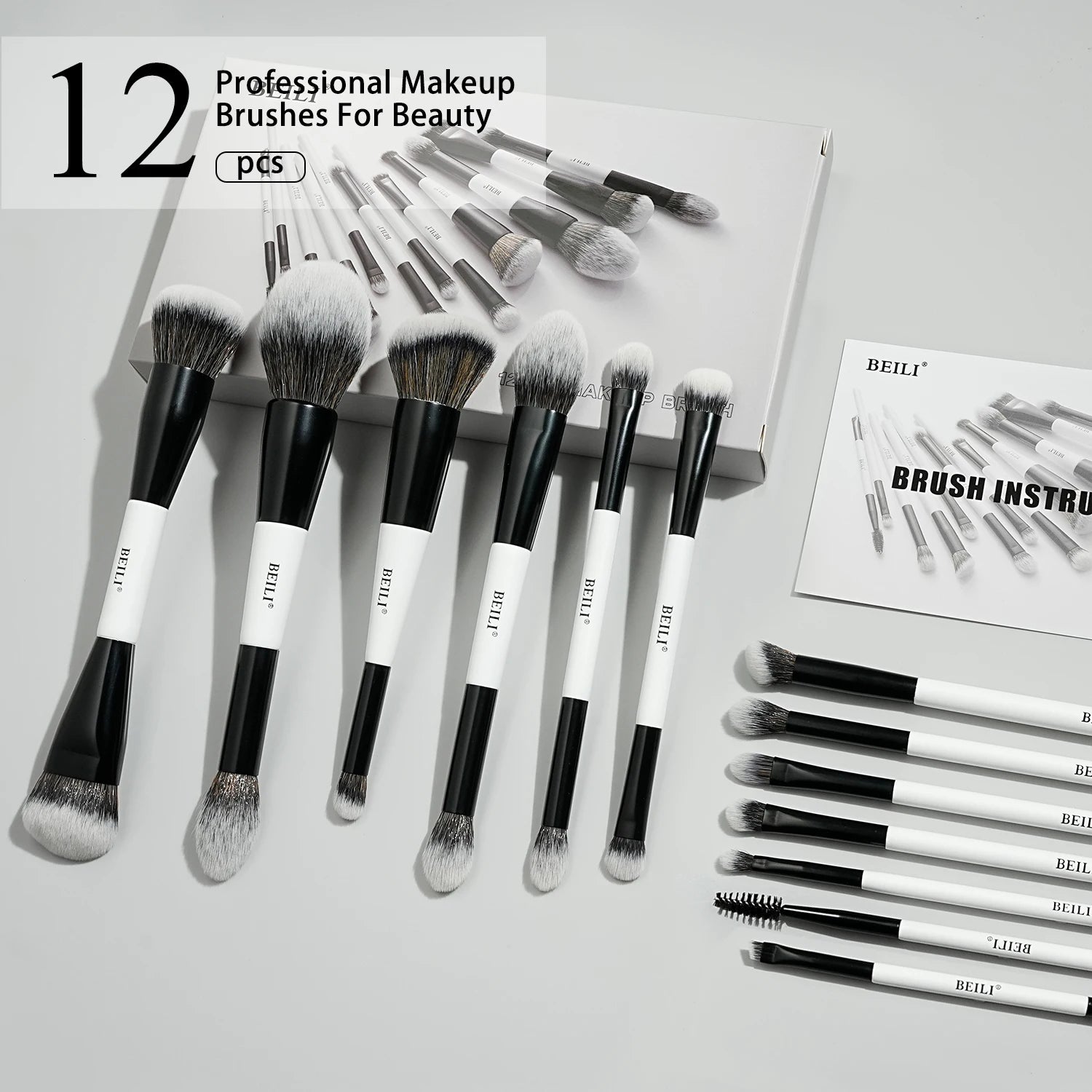 BEILI Dual-ended Makeup Brush Set Professional 12 Pcs Vegan Contour Foundation Powder Eyebrow Bronzer Brushes Cosmetics Kit