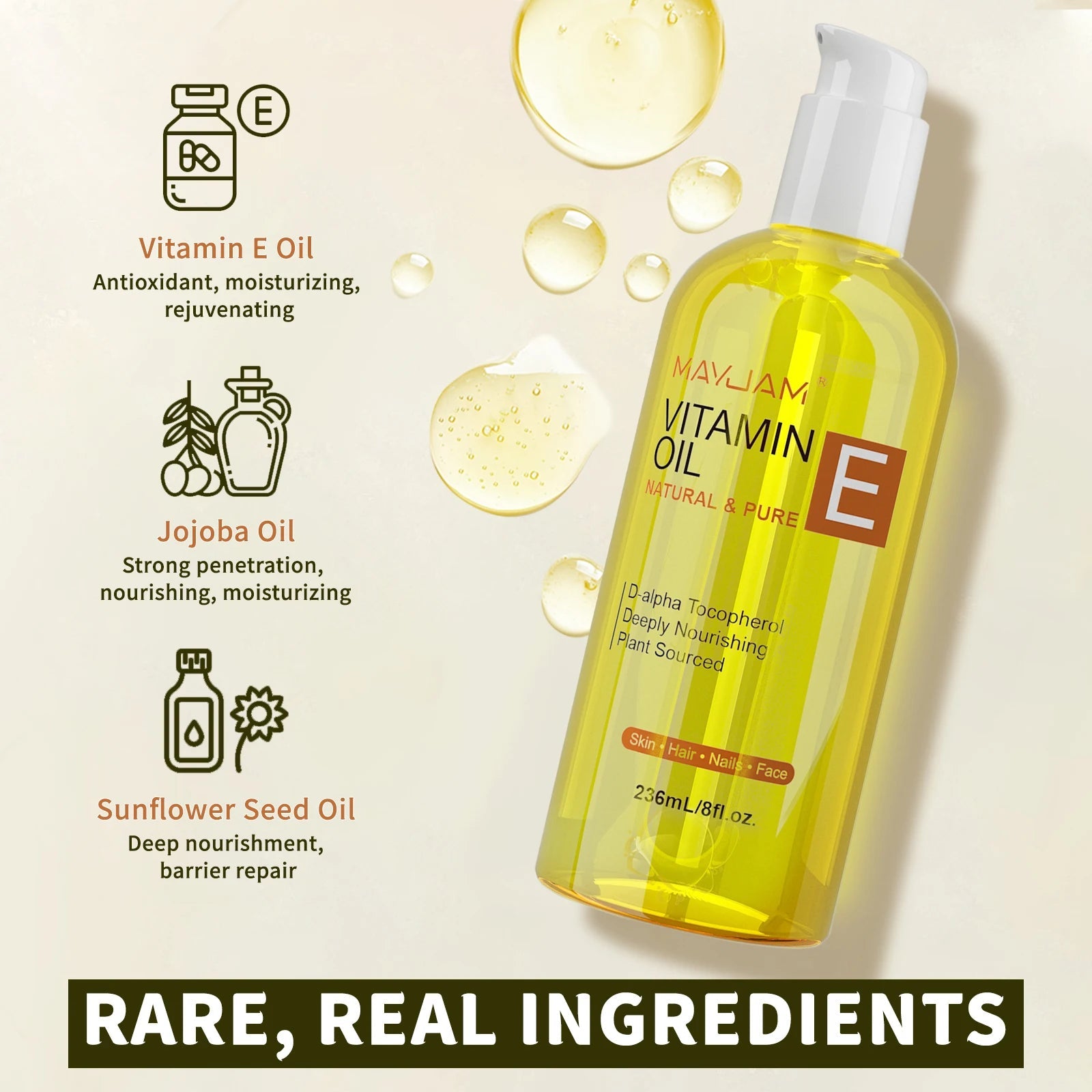 MAYJAM Natural & Pure Vitamin E Oil Skincare Moisturizing Brighten Skin Tone 118ml 236ml Face Care Oil 
