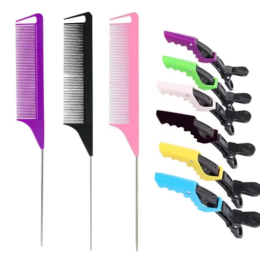 9PCS Alligator Clips and Steel Pins Pointed Tail Picking Comb Heat-resistant Anti-static Supplies Professional Hairdressing dylinoshop