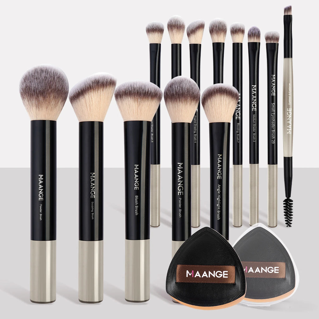 MAANGE 13pcs Premium Synthetic Hairs Makeup Brushes Soft Gentle for Foundation Eyeshadow Powder with 2pcs Air Cushion Puffs Kit