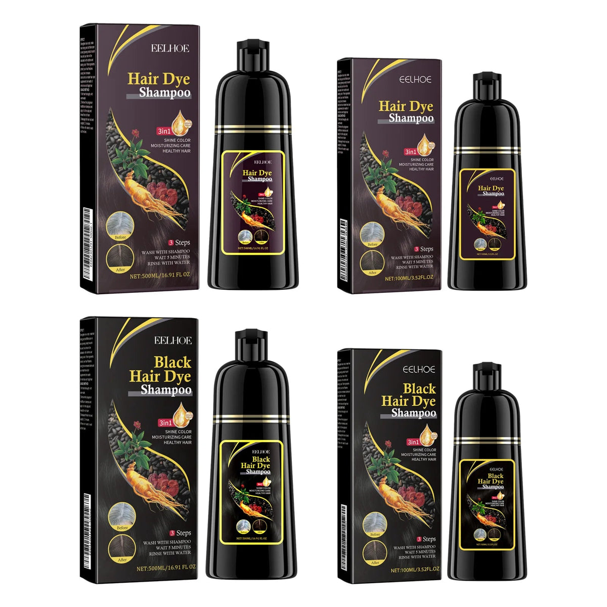 EELHOE Black Hair Dye Shampoo 3 in 1 Growth Clean Hair Darkening Deep Nourishing Black Hair Dye Shampoo Natural Organic Herbal dylinoshop