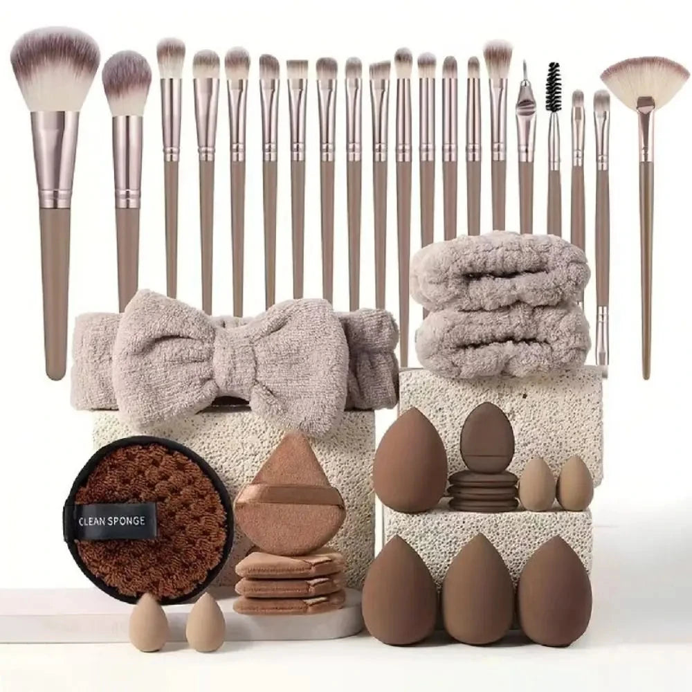 20/40Pcs Makeup Brushes and Sponges Set, Brown Makeup Puff, Beauty Egg, Headband, Wristband Remover Kit, Makeup Tool, Gift,