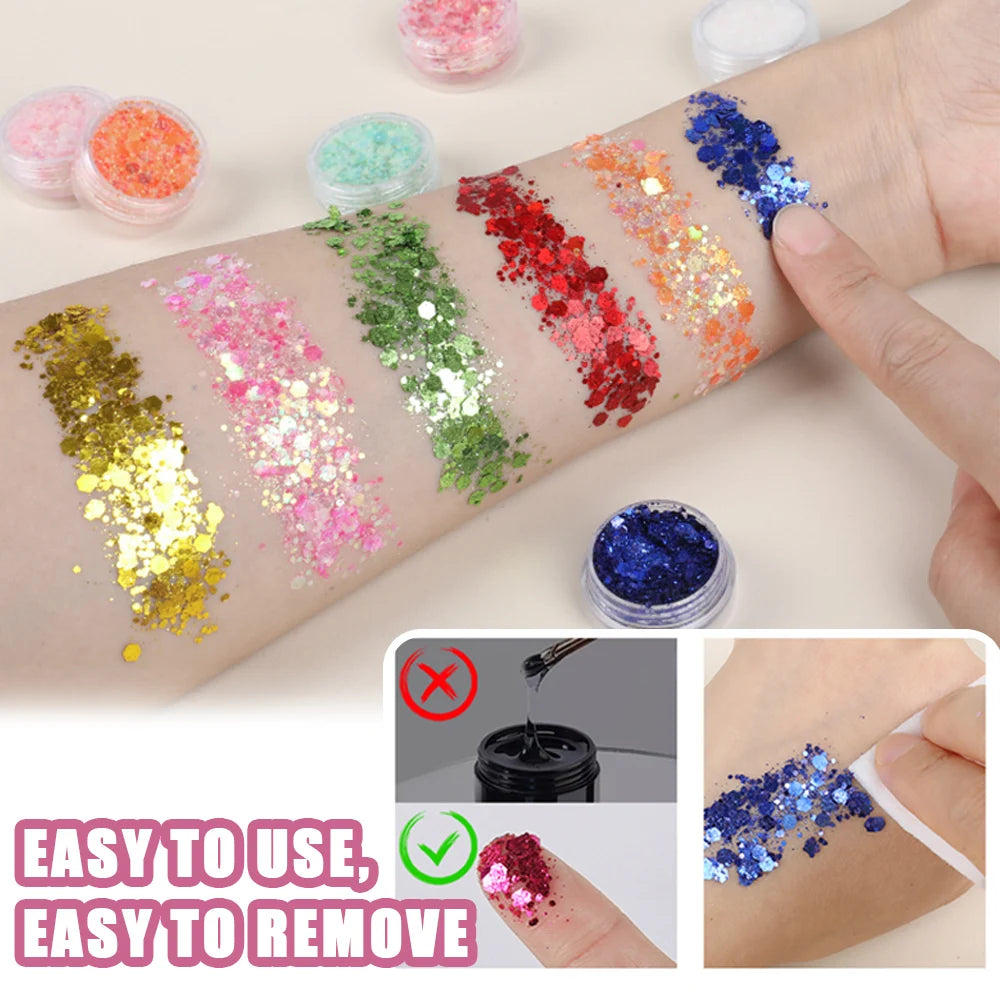 6 Color Face Glitter No Glue Needed Body Glitter Gel Set Cosmetic Hair Glitter Festival Makeup for Christmas Parties Halloween