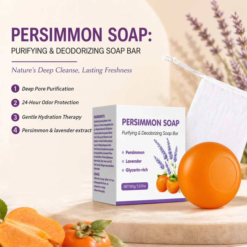 Persimmon Soap Bar For Men and Women,Japanese Persimmon & Lavender Extract,Gentle Cleaning,Natural Body Odor Soap,100g