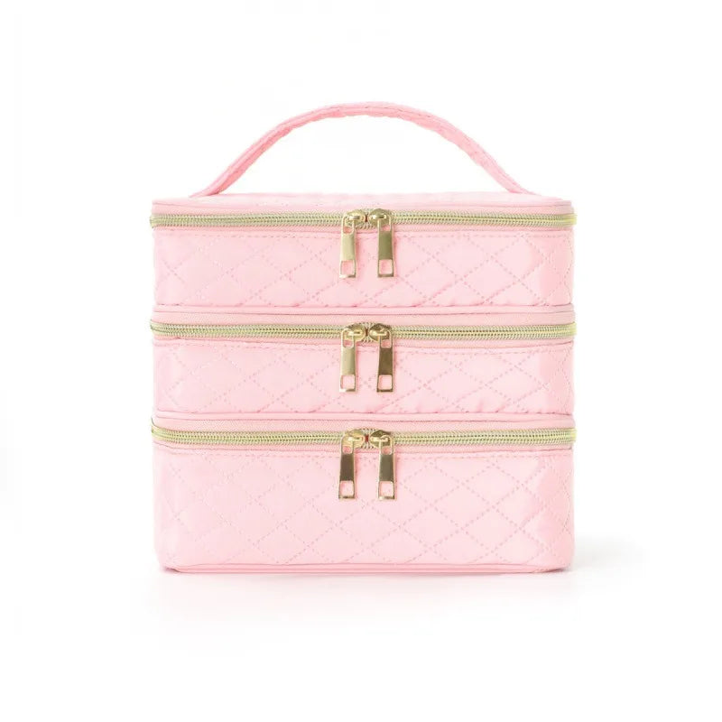 High end, simple and versatile three-layer makeup bag, large capacity diamond grid toiletry bag, portable travel makeup storage