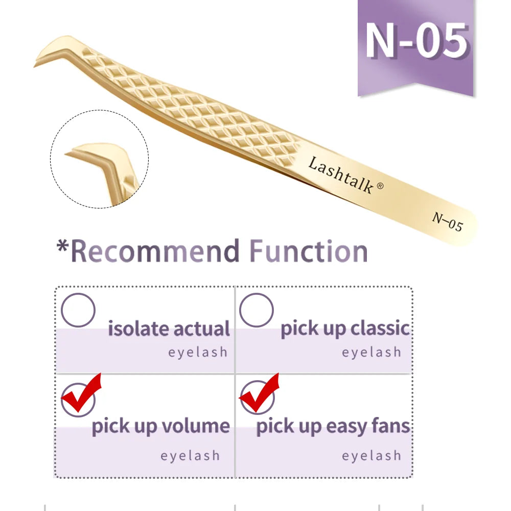 Fiber Tip Eyelash Extension Tweezers - Stainless Steel, Anti-Slip Diamond Grip, Pearl Gold dylinoshop