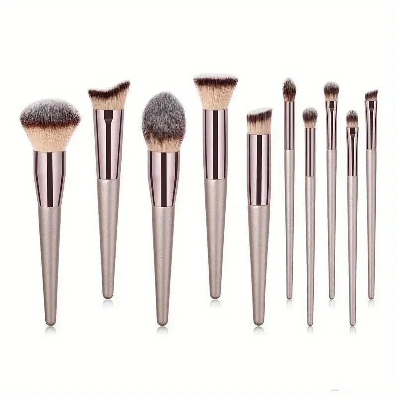 Makeup Brush Set 10PCS Champagne Gold Brushes Vegan Cruelty-Free Bristles All-in-One Full Face & Eye Makeup Kit