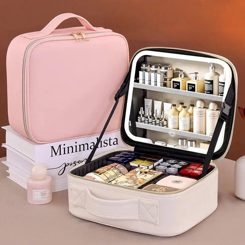 Travel LED Cosmetic Case With Light and Mirror Makeup Bag Large Capacity Premium Portable Cosmetic Bag Detachable Partition Bag
