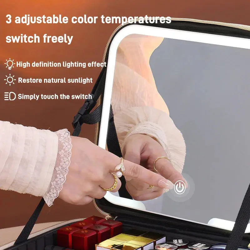 Travel LED Cosmetic Case With Light and Mirror Makeup Bag Large Capacity Premium Portable Cosmetic Bag Detachable Partition Bag