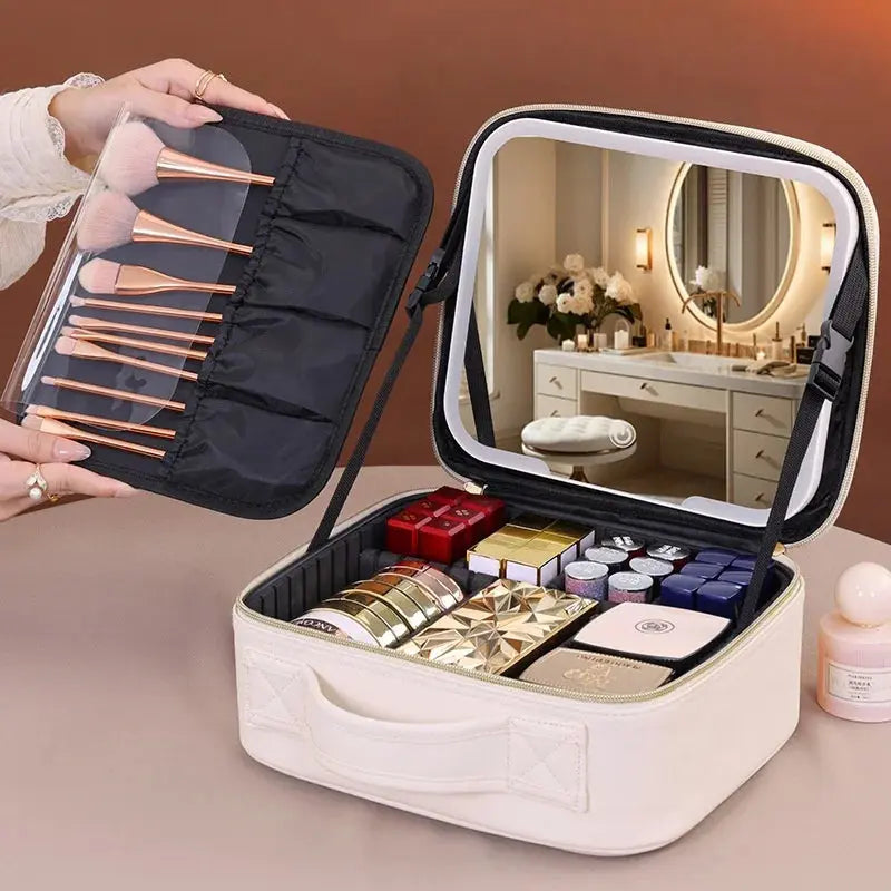 Travel LED Cosmetic Case With Light and Mirror Makeup Bag Large Capacity Premium Portable Cosmetic Bag Detachable Partition Bag