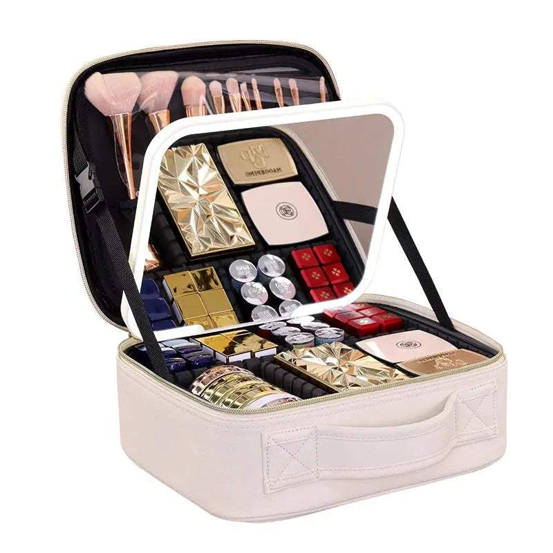 Travel LED Cosmetic Case With Light and Mirror Makeup Bag Large Capacity Premium Portable Cosmetic Bag Detachable Partition Bag