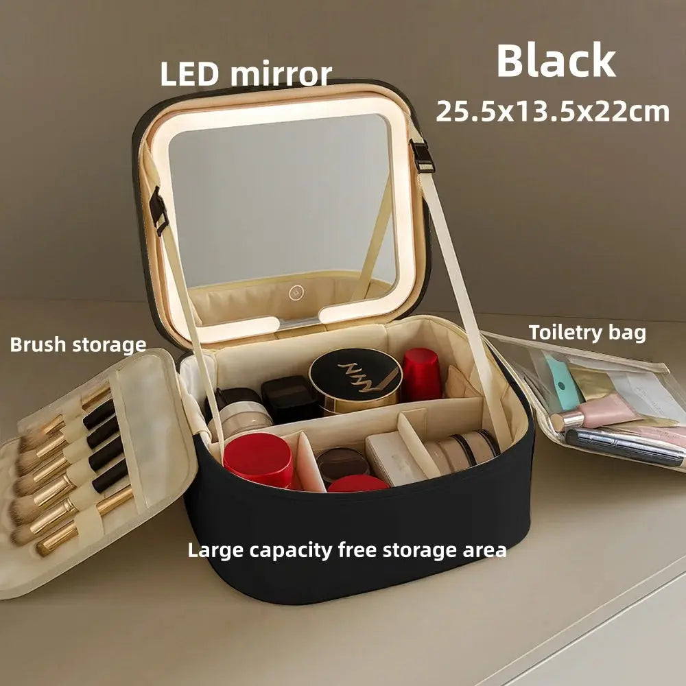 Travel LED Cosmetic Case With Light and Mirror Makeup Bag Large Capacity Premium Portable Cosmetic Bag Detachable Partition Bag