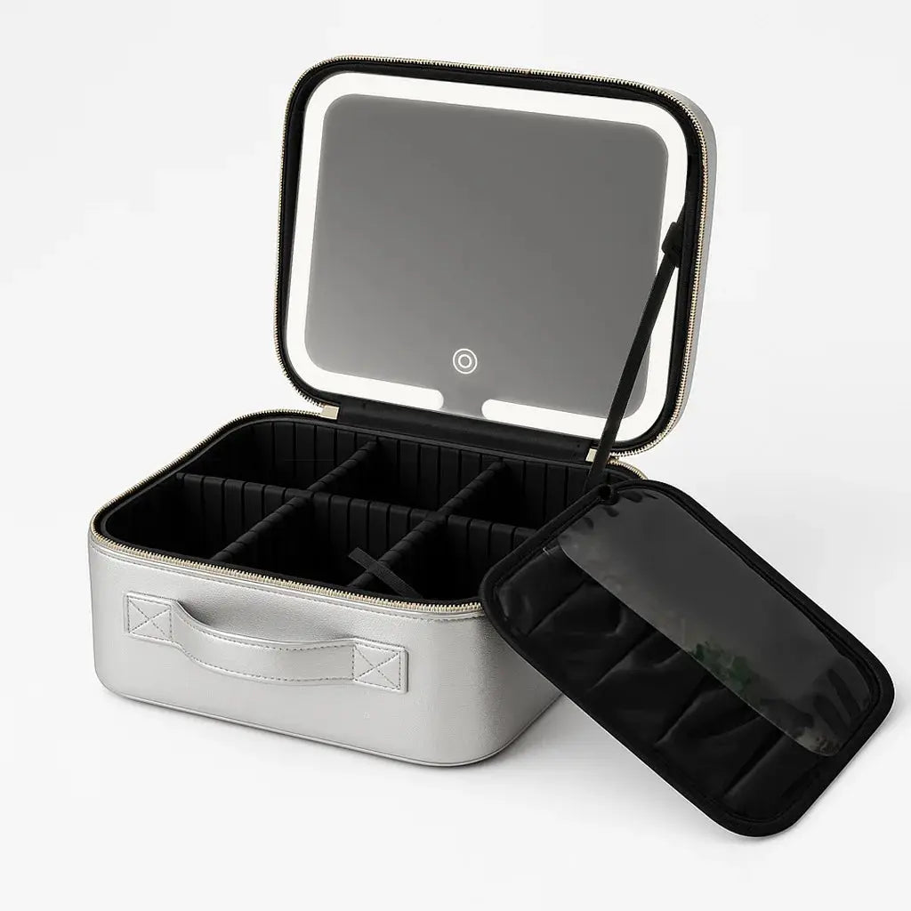 Travel LED Cosmetic Case With Light and Mirror Makeup Bag Large Capacity Premium Portable Cosmetic Bag Detachable Partition Bag