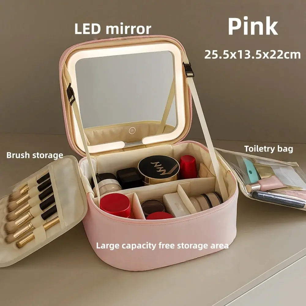Travel LED Cosmetic Case With Light and Mirror Makeup Bag Large Capacity Premium Portable Cosmetic Bag Detachable Partition Bag