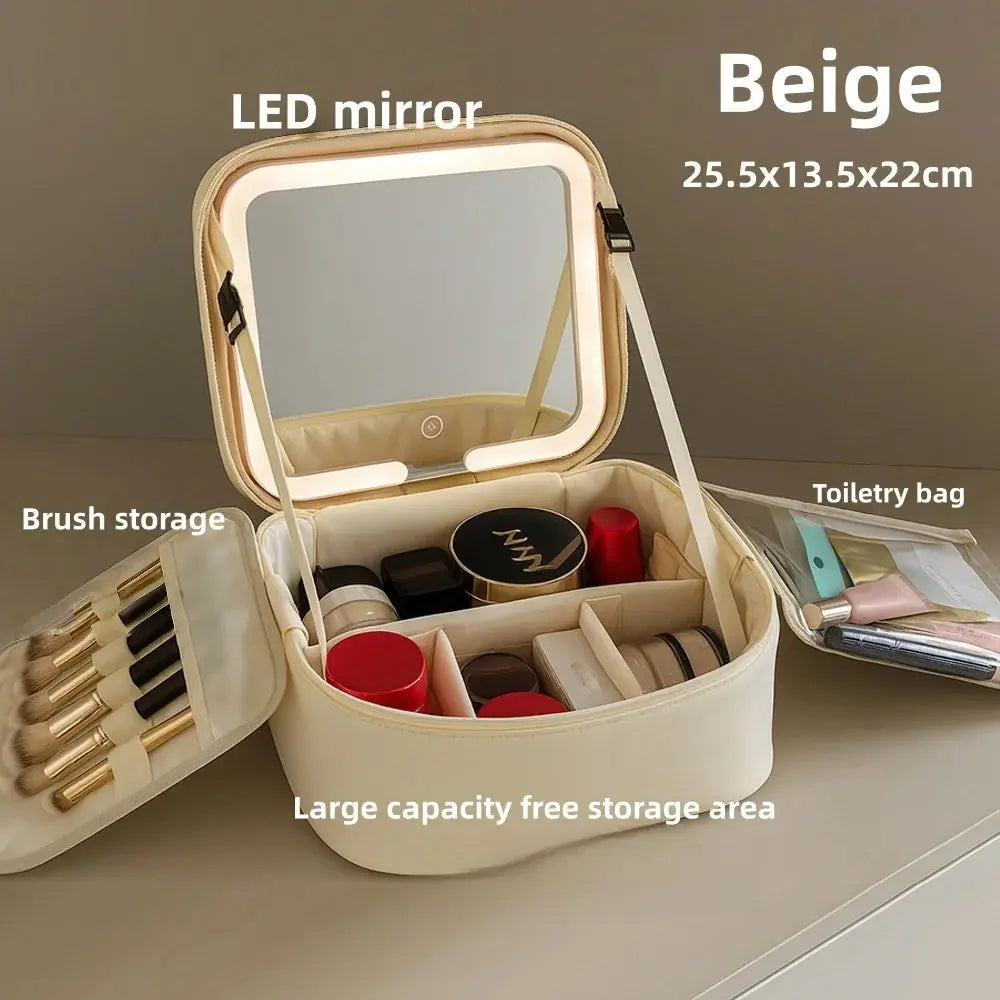 Travel LED Cosmetic Case With Light and Mirror Makeup Bag Large Capacity Premium Portable Cosmetic Bag Detachable Partition Bag