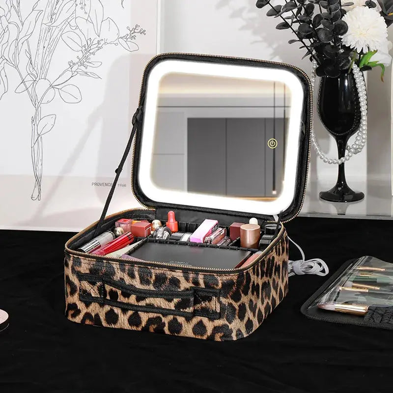 Travel LED Cosmetic Case With Light and Mirror Makeup Bag Large Capacity Premium Portable Cosmetic Bag Detachable Partition Bag