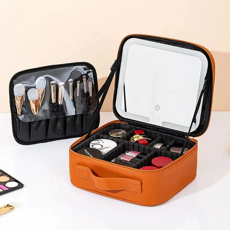 Travel LED Cosmetic Case With Light and Mirror Makeup Bag Large Capacity Premium Portable Cosmetic Bag Detachable Partition Bag