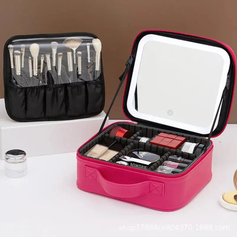 Travel LED Cosmetic Case With Light and Mirror Makeup Bag Large Capacity Premium Portable Cosmetic Bag Detachable Partition Bag