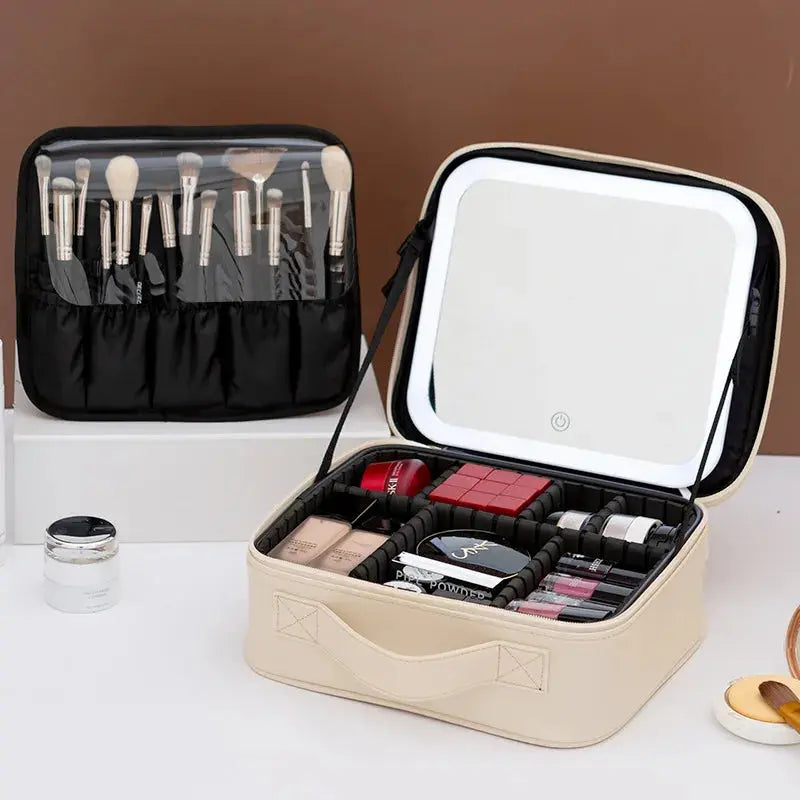 Travel LED Cosmetic Case With Light and Mirror Makeup Bag Large Capacity Premium Portable Cosmetic Bag Detachable Partition Bag