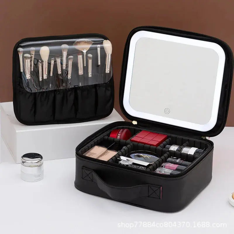 Travel LED Cosmetic Case With Light and Mirror Makeup Bag Large Capacity Premium Portable Cosmetic Bag Detachable Partition Bag