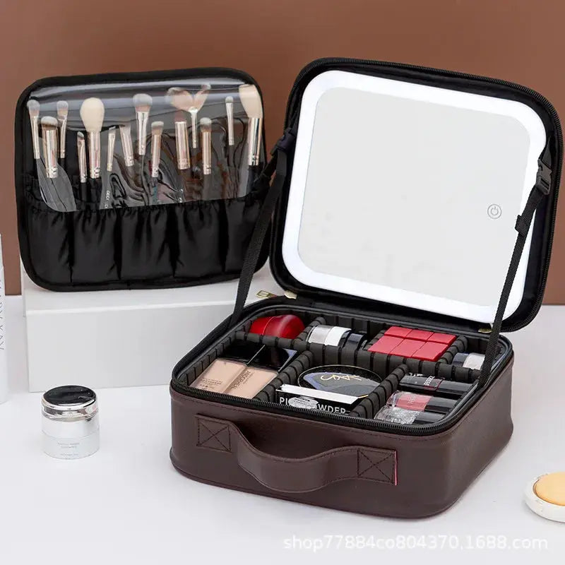 Travel LED Cosmetic Case With Light and Mirror Makeup Bag Large Capacity Premium Portable Cosmetic Bag Detachable Partition Bag