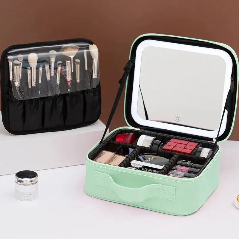 Travel LED Cosmetic Case With Light and Mirror Makeup Bag Large Capacity Premium Portable Cosmetic Bag Detachable Partition Bag